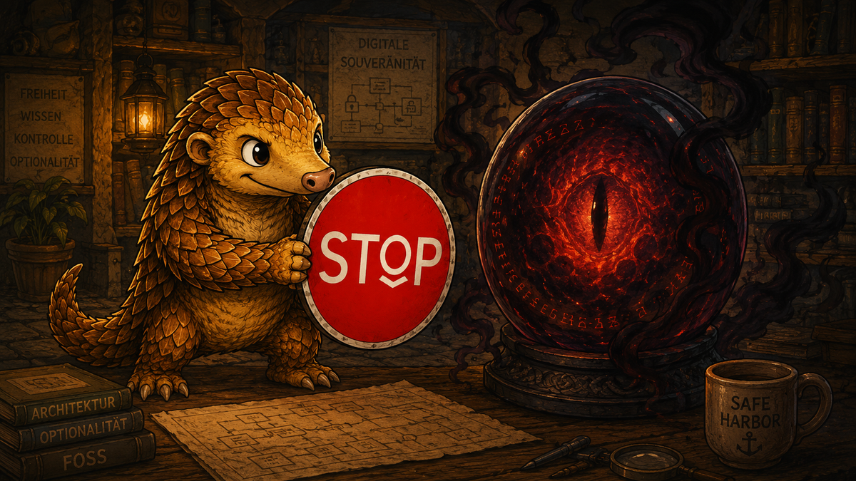 ein kleiner Pangolin-Charakter, hält ein rotes Stop-Schild mit dem Palantir-Logo im Buchstaben O entgegen einer dunklen, glühenden Glaskugel mit einem Auge im Inneren.