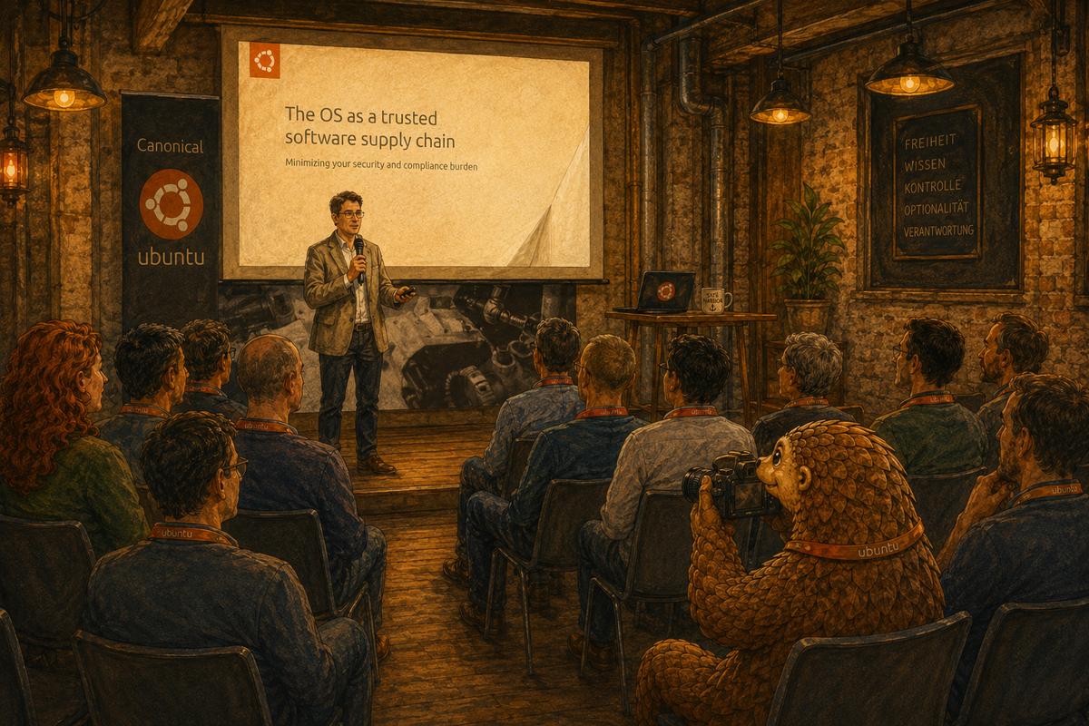 Illustrierte Szene vom Canonical Day Frankfurt, ein Redner auf der Bühne vor einer Ubuntu-Präsentation, im Publikum ein Pangolin mit Kamera.