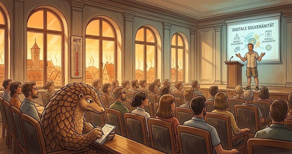 Gezeichneter Pangolin macht in einem IHK-Vortragssaal Notizen und blickt zum Redner in kurzer Hose vor einer Folie Digitale Souveränität. Draußen brennt die Sonne über Nürnberg, 40 Grad.