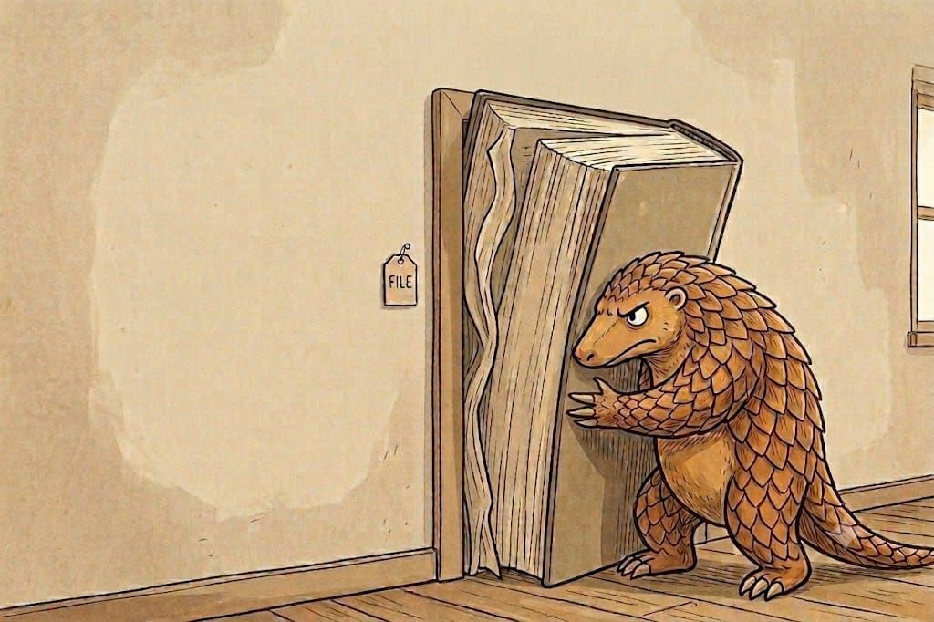 Der Pandolin drückt mit aller Kraft ein viel zu großes Buch durch eine viel zu schmale Tür. Es klemmt im Türrahmen, er stützt sich mit den Krallen ab und blickt angestrengt entschlossen.