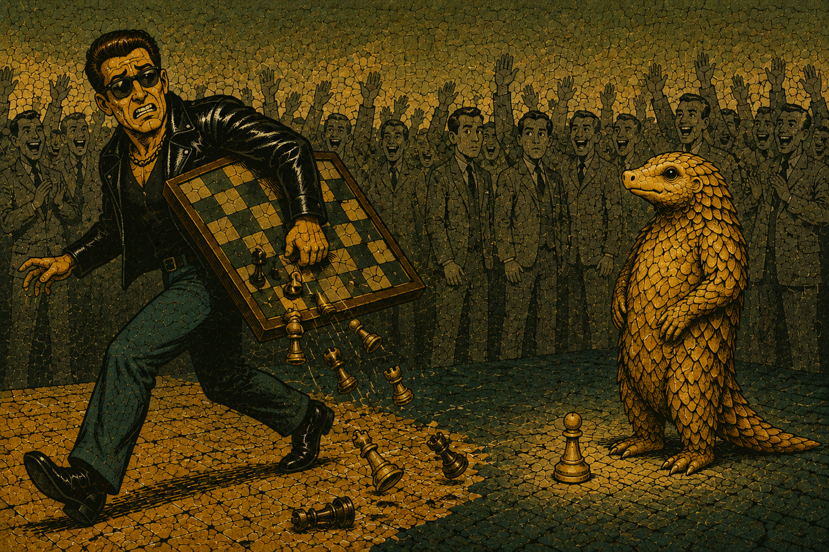 Vintage-Mosaik-Illustration: ein Mann trägt mitten im Spiel ein Schachbrett davon, die Figuren fallen herunter, während ein ruhiger goldener Pangolin mit einem Bauern zu Füßen stehen bleibt.