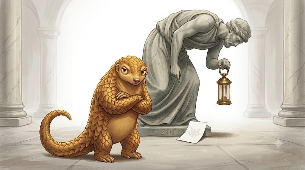 Skeptischer Pangolin mit verschränkten Armen. Dahinter beugt sich eine antike Statue mit Laterne zu einem Blatt mit Adlersiegel, Sockel mit ZDF. Diogenes leuchtet eine Sanktionsliste aus.