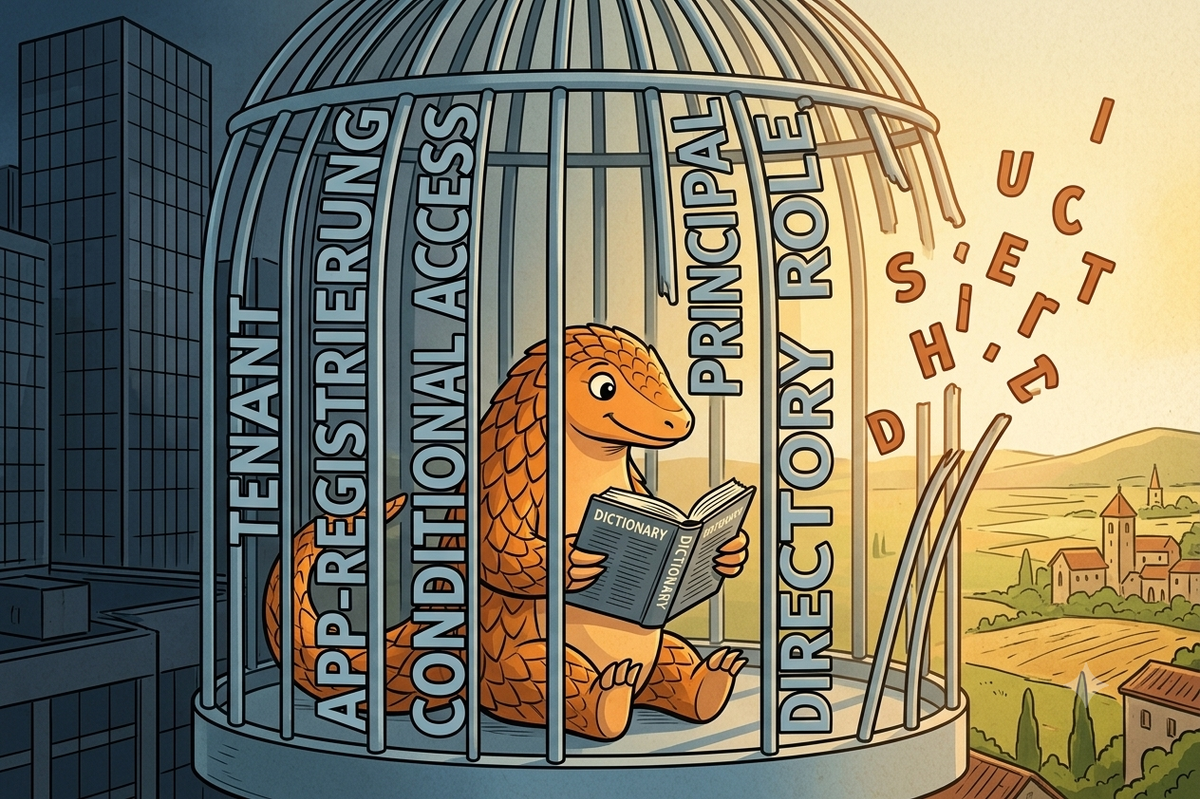 Illustrierter Pandolin in einem Käfig aus Wörtern. Er liest in einem Wörterbuch; wo er gelesen hat, lösen sich die Gitterstäbe in Buchstaben auf und geben den Blick auf sonniges Land frei.