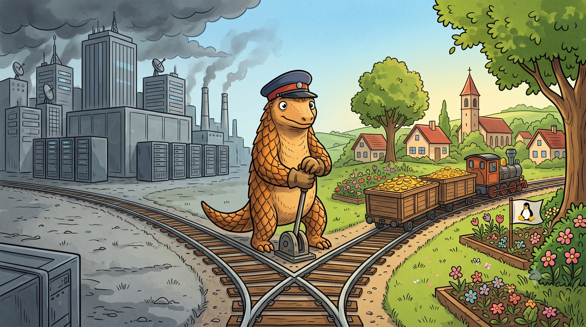Cartoon: Ein Pangolin mit Eisenbahnermütze stellt eine Weiche um. Links graue Stadt aus Hochhäusern und Serverschränken, rechts sonniges Dorf, dorthin fährt ein Zug voller Goldmünzen.