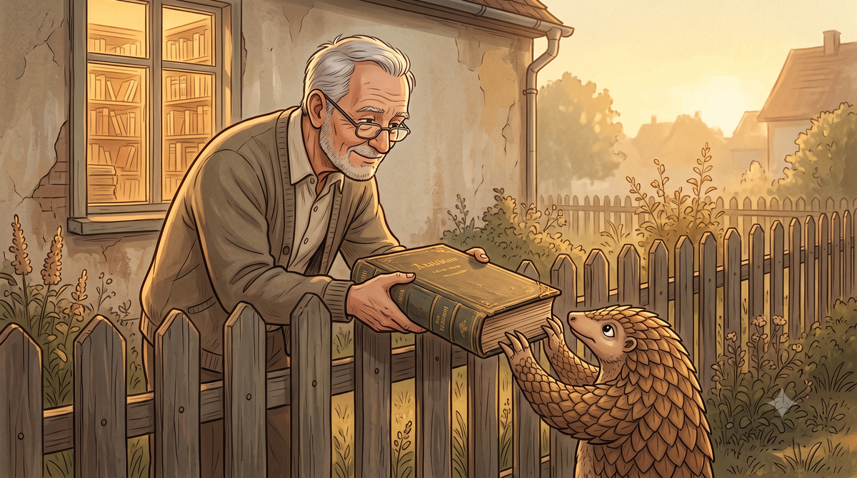 Illustration: Ein älterer Herr reicht einem kleinen Pangolin ein großes antikes Buch über einen Gartenzaun, warmes Abendlicht.