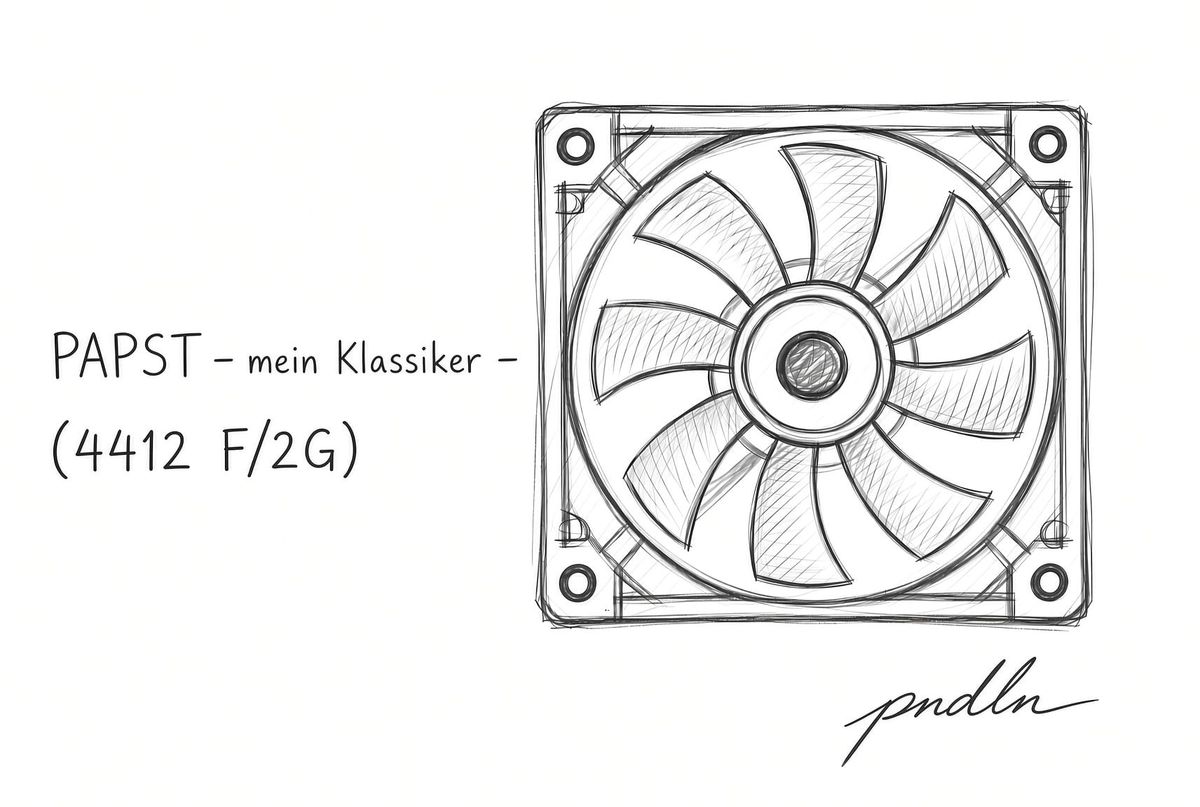 Schwarz-weiße Skizze eines Ventilators von ebm-papst mit der Notiz „PAPST – mein Klassiker – (4412 F/2G)“.