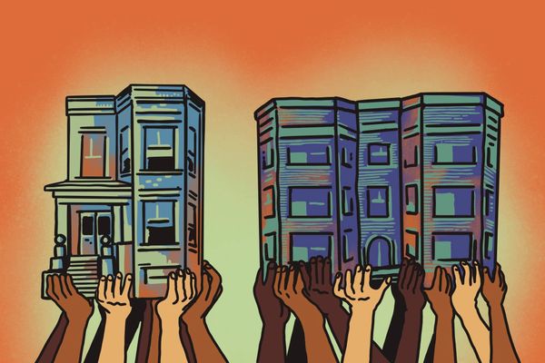 Diverse hands provide the foundation for housing, holding it up and supporting it together.