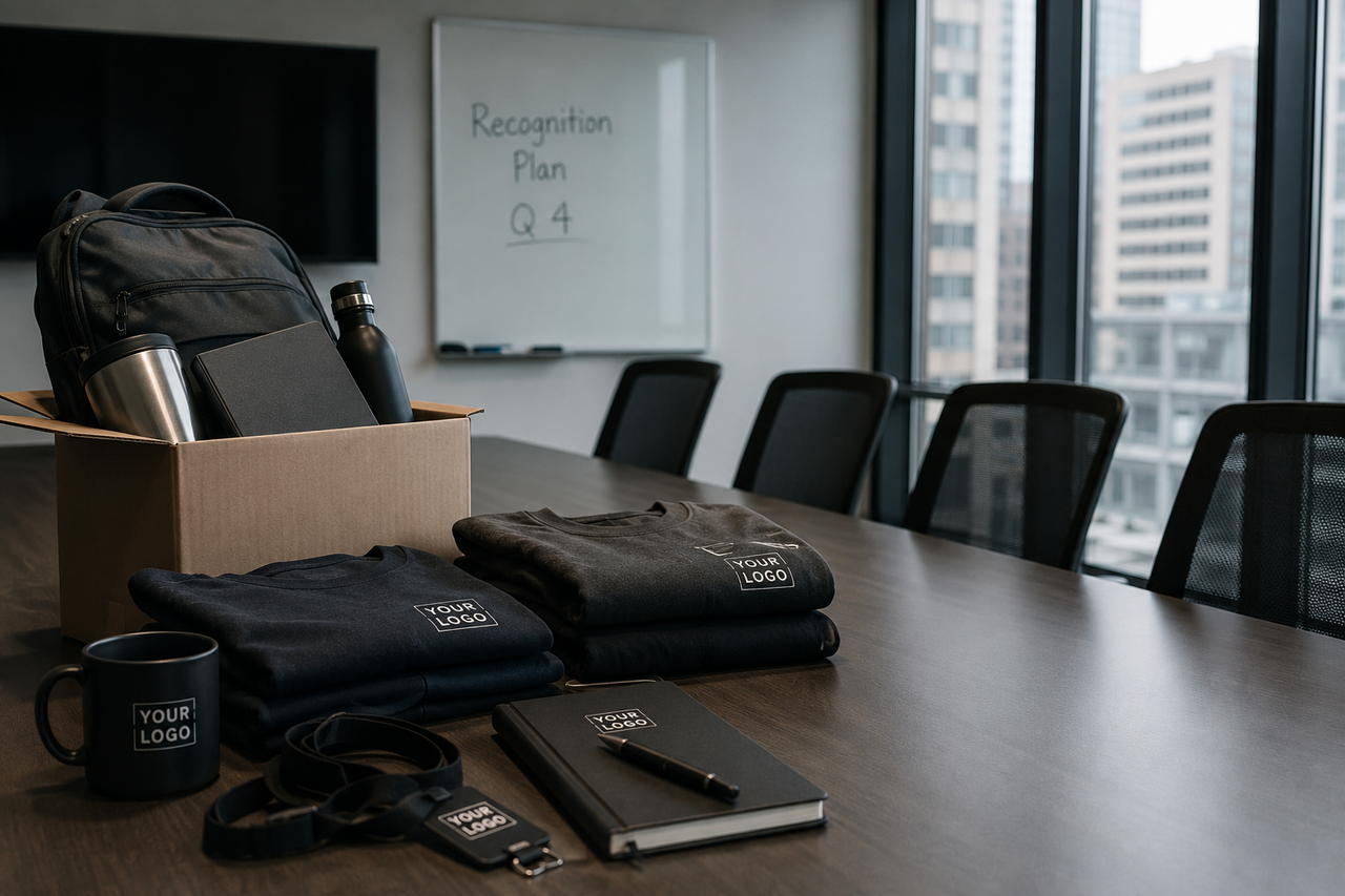 Empty conference room. Whiteboard: Recognition Plan Q4. Table staged with branded merchandise — mug, shirts, notebook, lanyard, backpack.