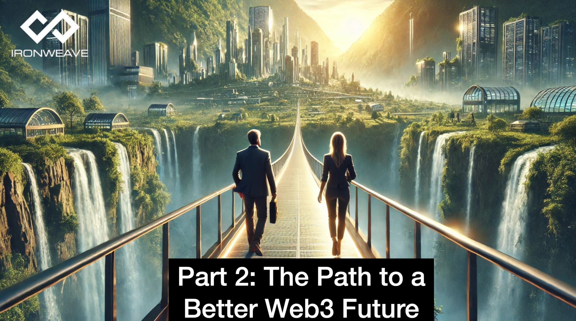 Man and woman walking on a footbridge towards a verdant, futuristic city. Text: Part 2: The Path to a Better Web3 Future