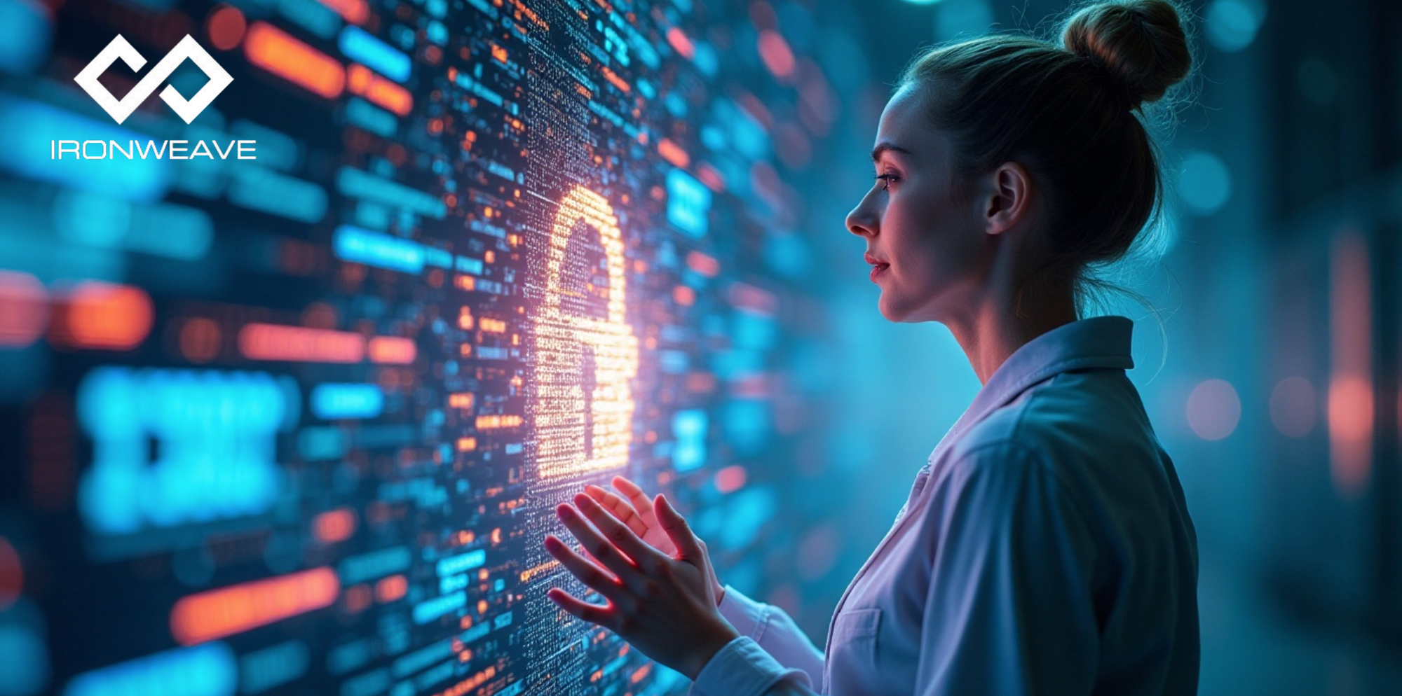 Woman standing at digital wall representing an encrypted blockchain
