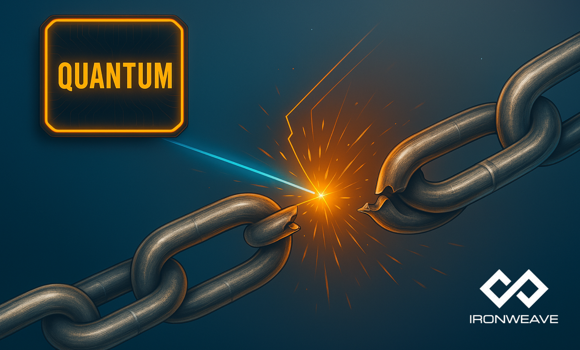 Chain (representing a blockchain) being severed by a beam of light emitted from a sign reading QUANTUM.