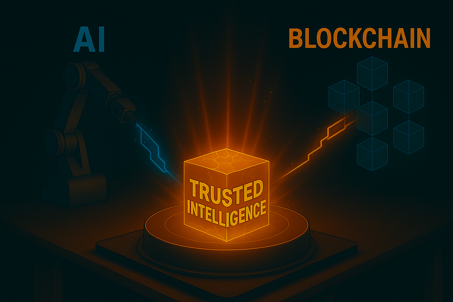 A rust colored cube labeled Trusted Intelligence. The cube is connected by lines of energy to the labels AI and Blockchain.