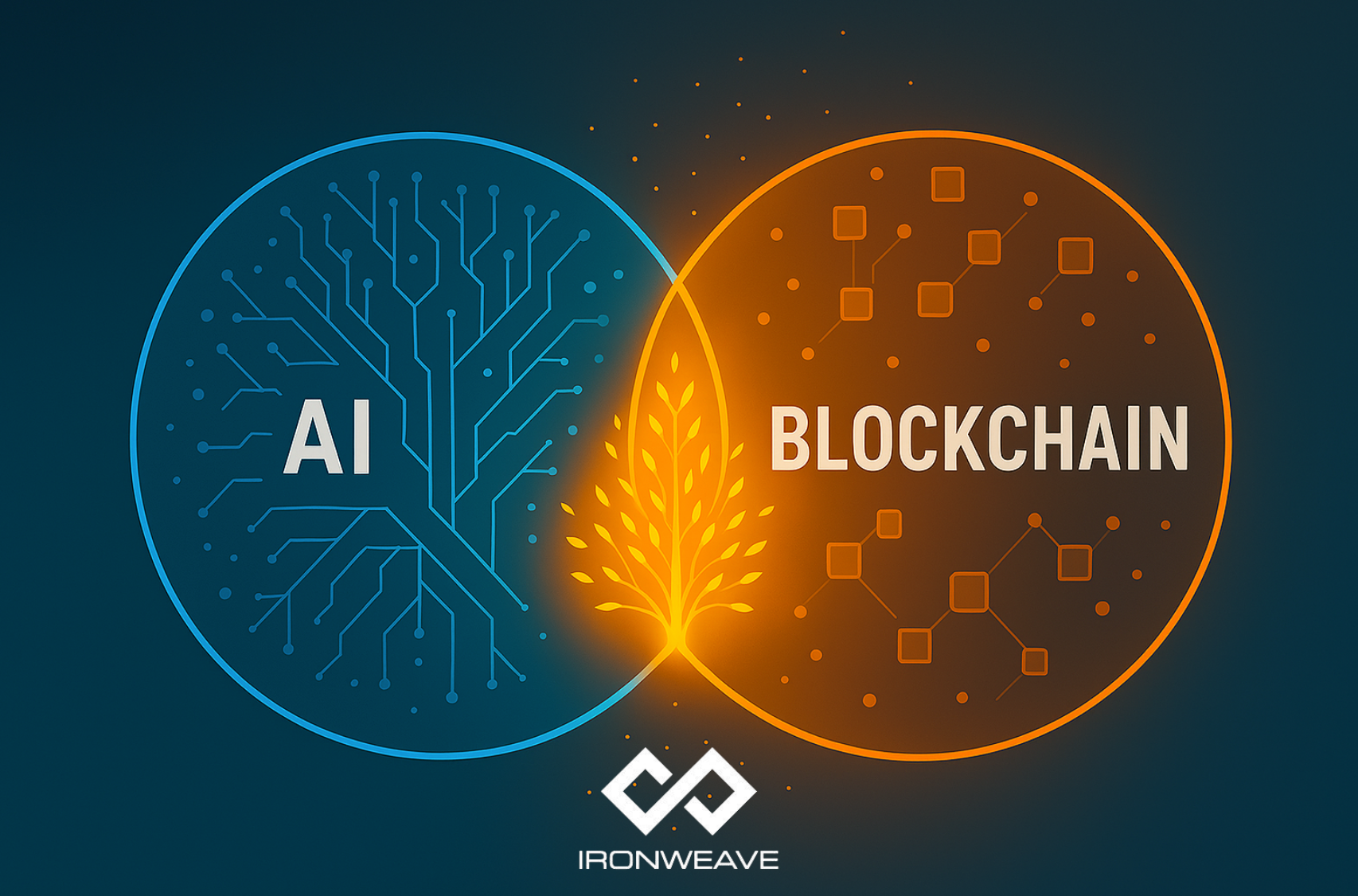 Venn diagram with 2 intersecting circles, the AI circle & the Blockchain circle. The intersection has a simple, glowing tree.
