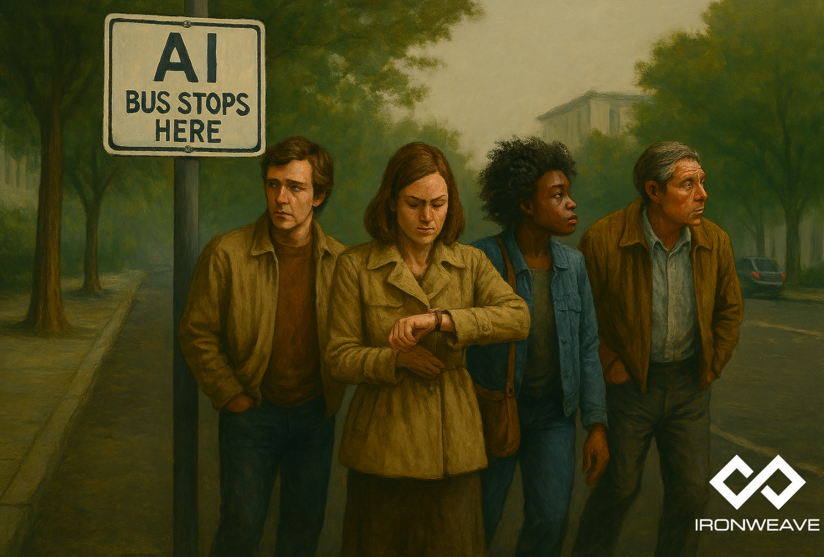 Four people standing at the "AI Bus Stops Here" sign, impatiently waiting for the bus.