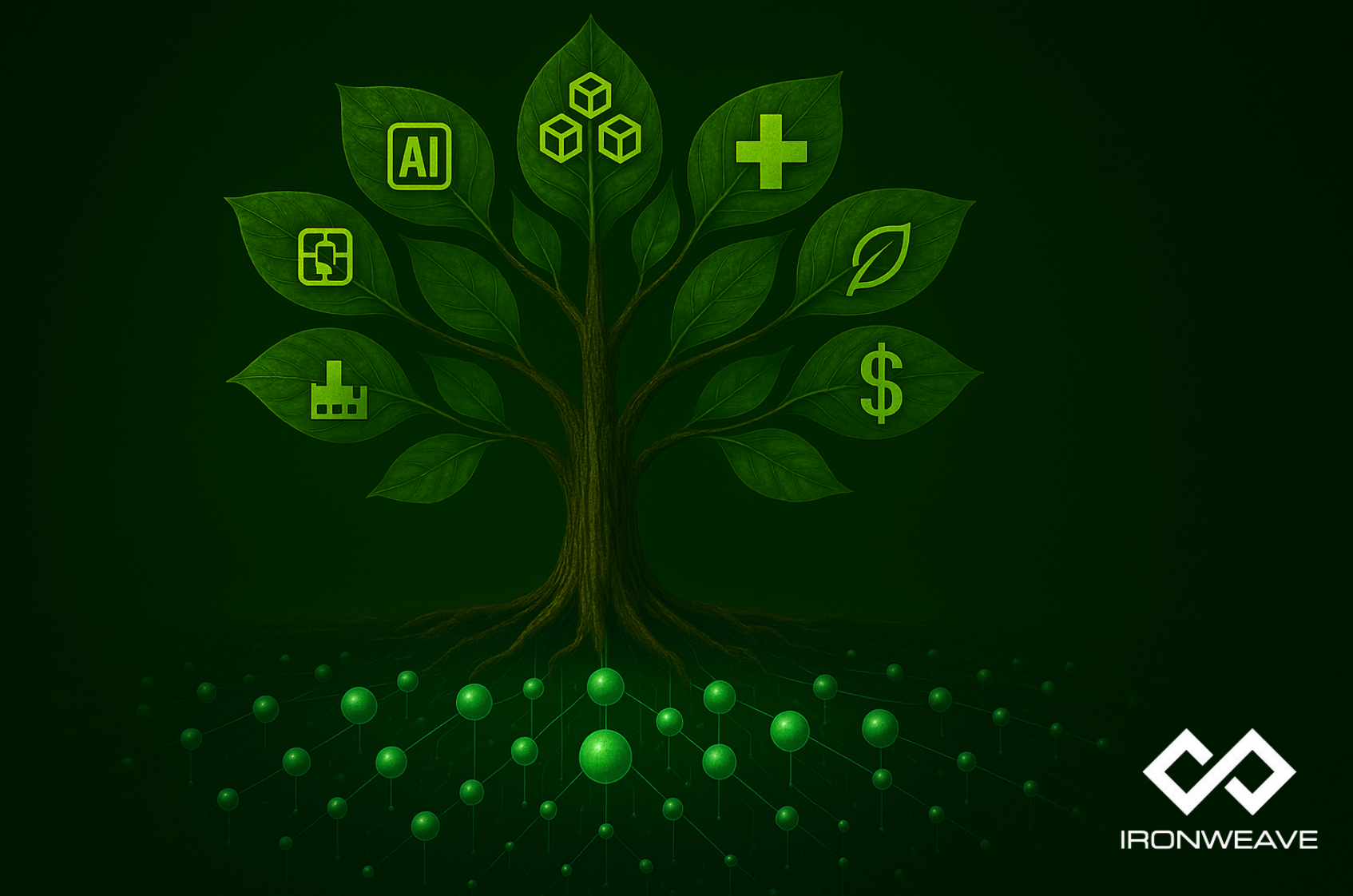 Stylized tree with leaves respresenting industries. The roots of the tree are a network of nodes, symbolizing blockchains.