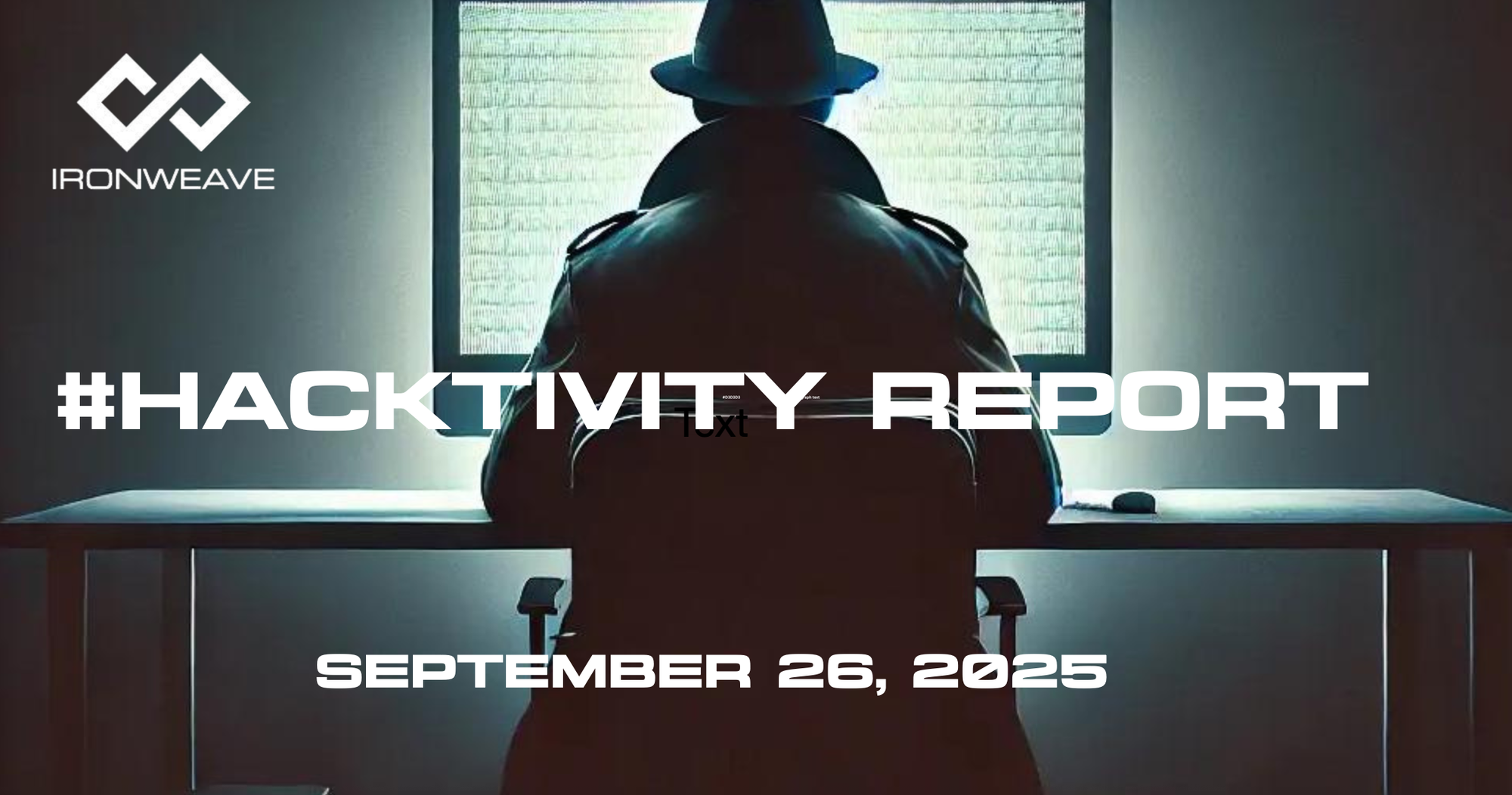 Image: Hacker in trenchcoat, seated at a computer monitor, with their back to the viewer. IronWeave logo in top-left corner. Text: #Hacktivity Report September 26, 2025.