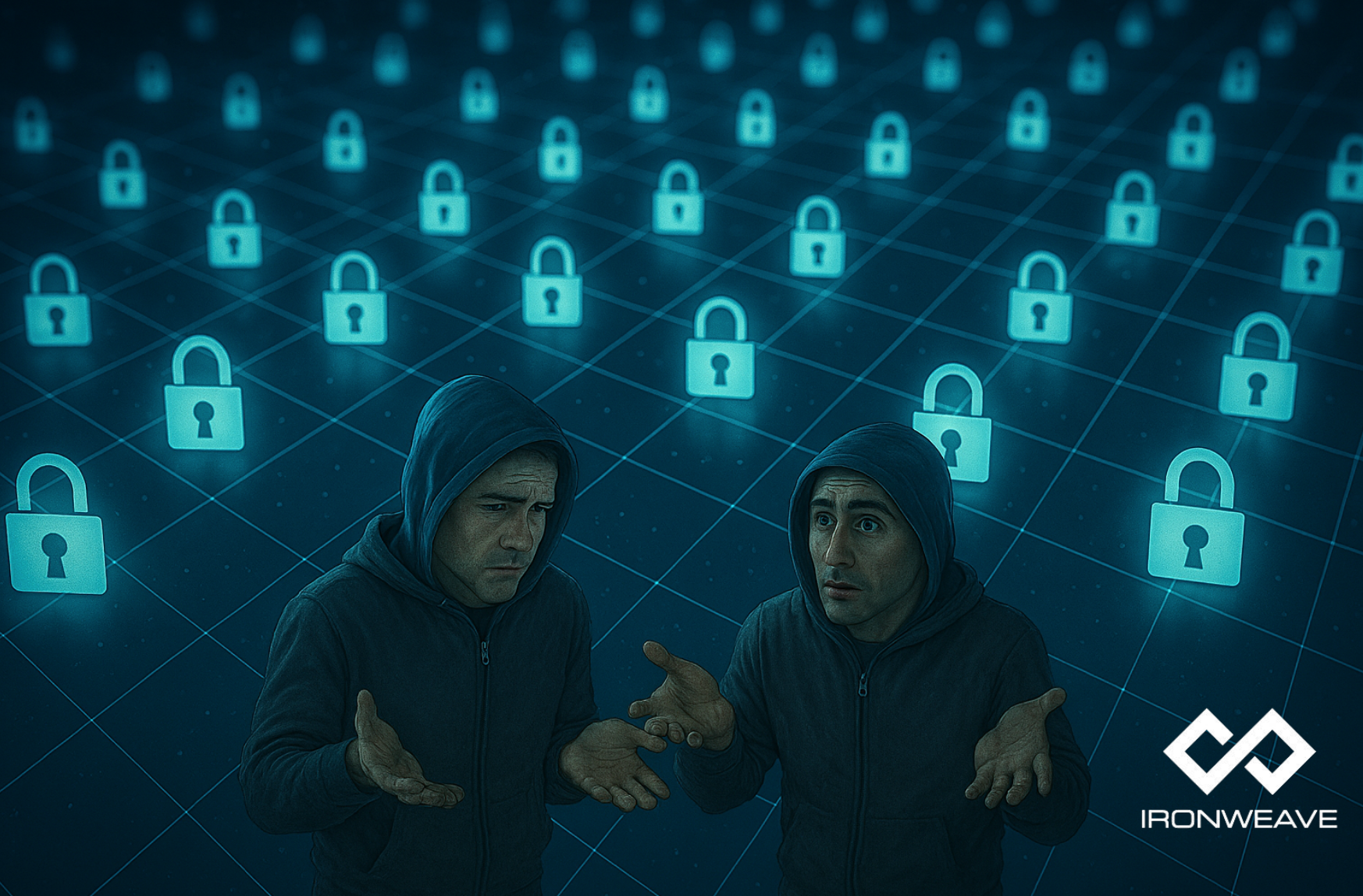 Network of locked nodes. In foreground are 2 hackers perplexed at the lack of options.