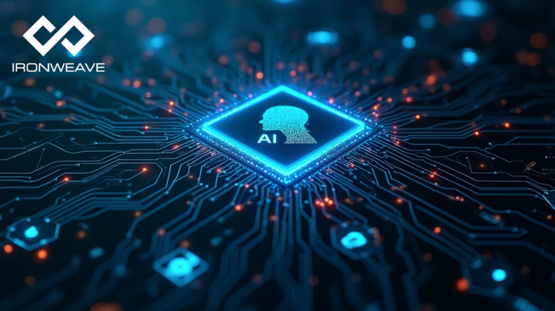 A field of microcircuits. Center is a computer chip with head in silhouette and the letters AI. IronWeave logo in top-left corner.