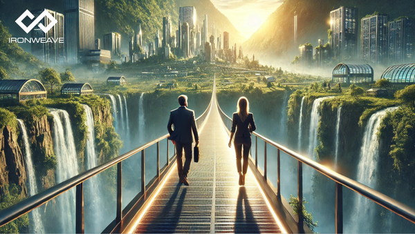 Woman and man walking forward on a footbridge to a futuristic city. IronWeave logo in top-left corner.