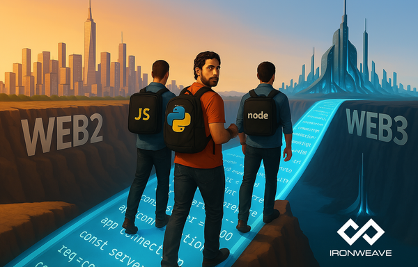 Three developers on a footbridge, walking from Web 2 to Web3.