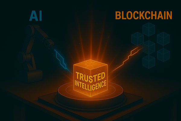 A rust colored cube labeled Trusted Intelligence. The cube is connected by lines of energy to the labels AI and Blockchain.