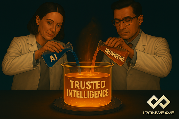Two lab technicians pouring AI and IronWeave into a larger beaker labeled Trusted Intelligence
