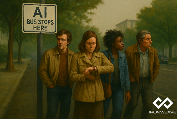 Four people standing at the "AI Bus Stops Here" sign, impatiently waiting for the bus.