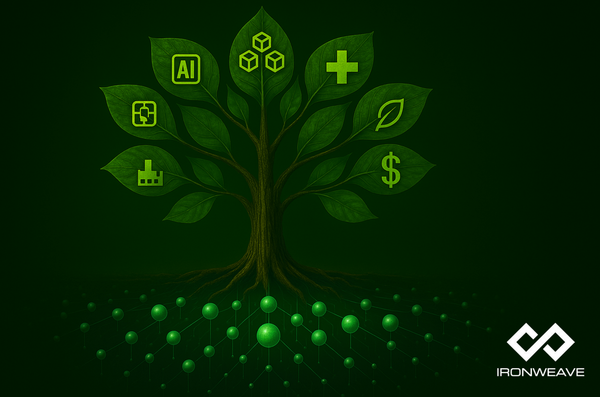 Stylized tree with leaves respresenting industries. The roots of the tree are a network of nodes, symbolizing blockchains.