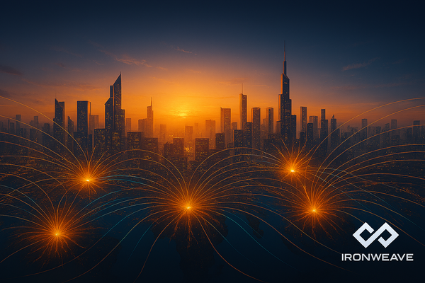 Futurist cityscape at dawn with soaring buildings against the brightening sky. A few glowing nodes with tendrils extending outwards.