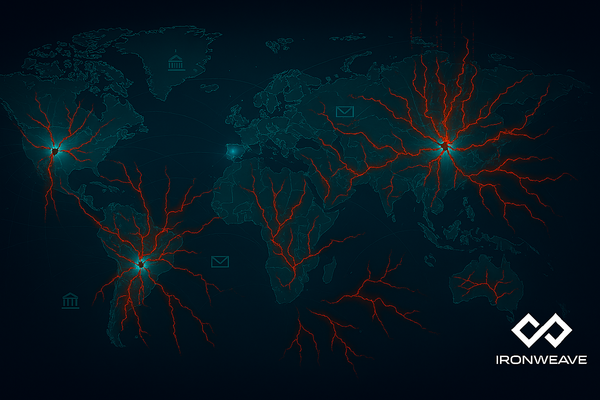 World map with menacing tendrils connecting countries and continents.