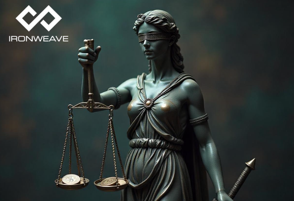 IronWeave logo in top-left Image of Statue of 'Blind Justice' holding a balance scale with each side holding crypto coins