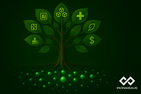 Stylized tree with leaves respresenting industries. The roots of the tree are a network of nodes, symbolizing blockchains.