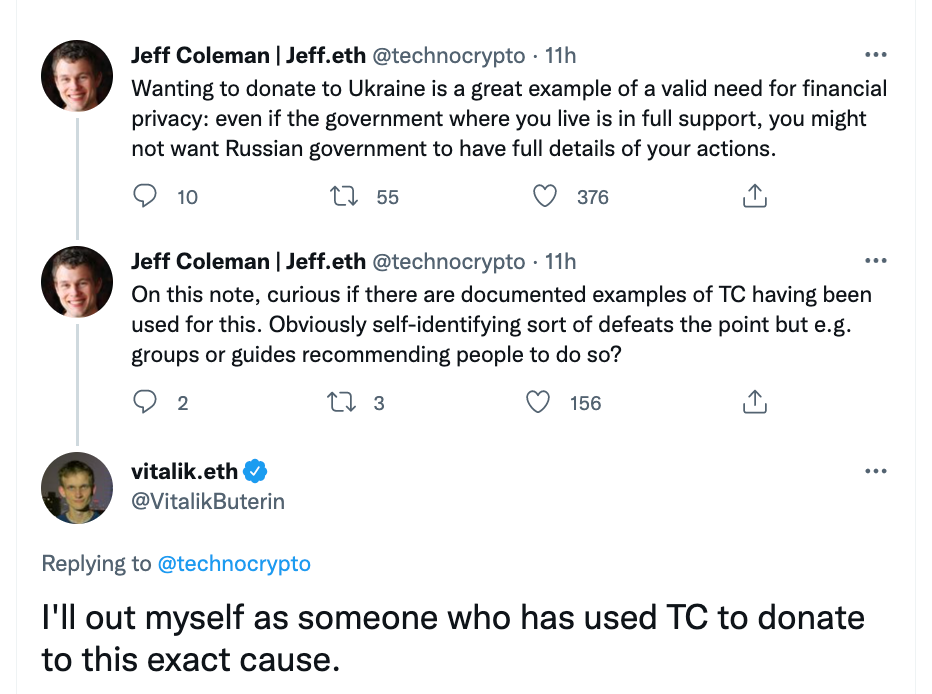 Vitalik's tweet about Tornado Cash