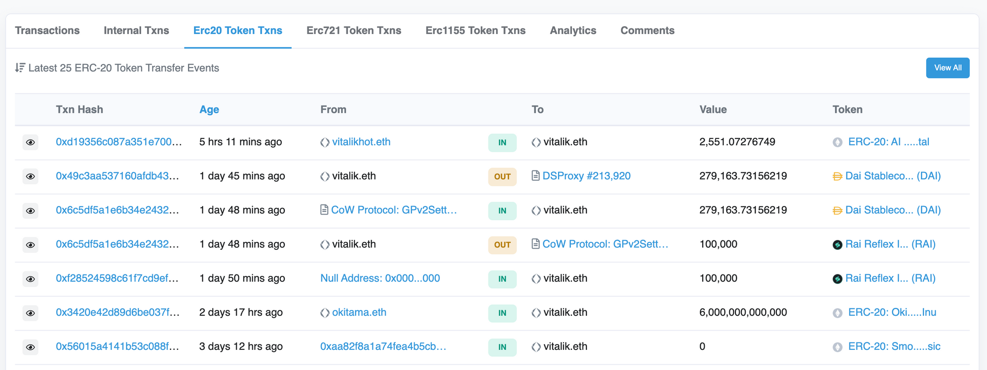 screenshot of ERC-20 token transaction history on Etherscan