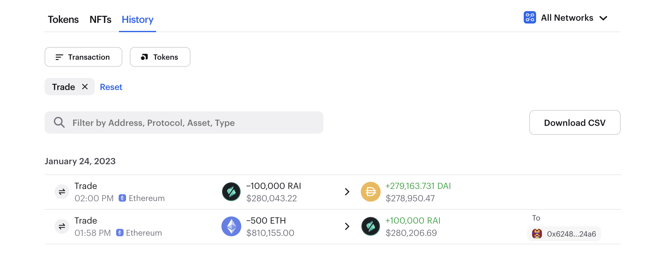 Screenshot of Vitalik's transaction history in the Zerion web app, filtered by trades