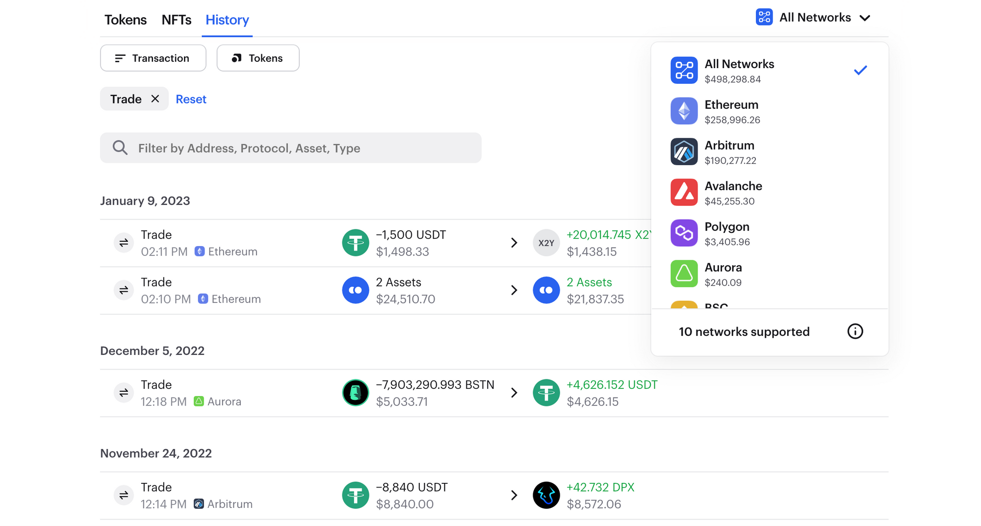 Screenshot of Zerion transaction history for Ethereum, Arbitrum, Avalanche, Polygon, Aurora