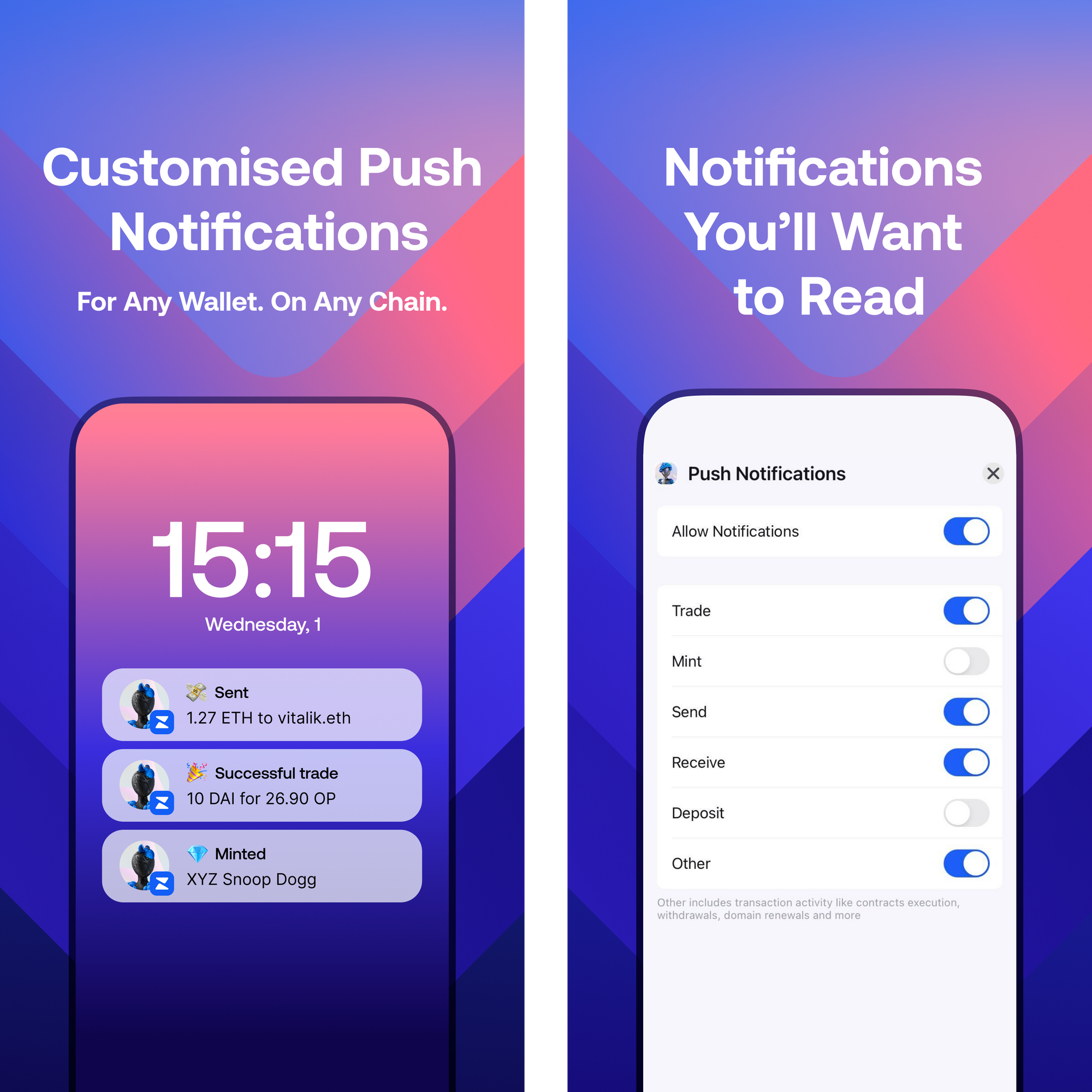 Screenshots of push notifications for send, trade, mint with Zerion Wallet