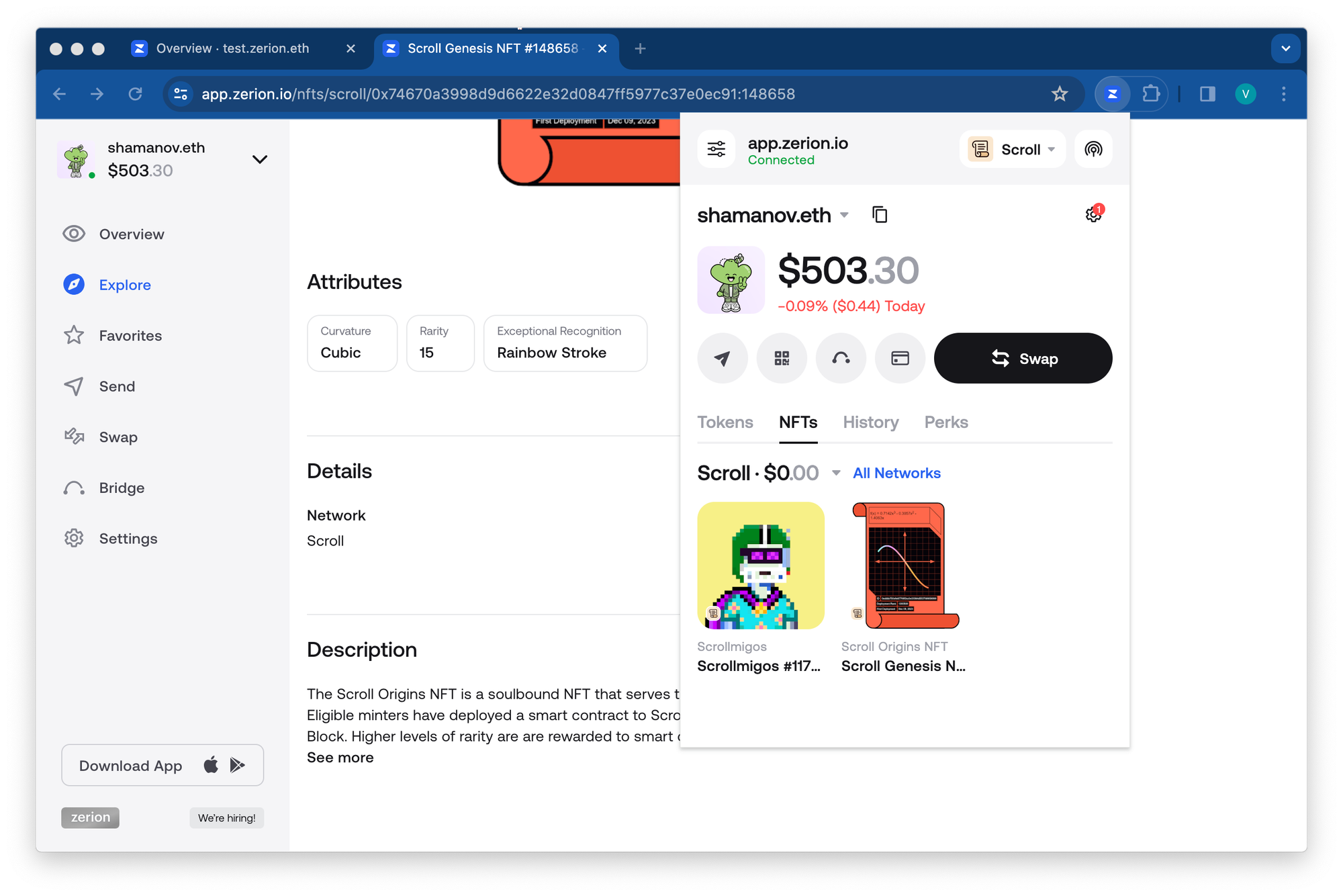 Scroll NFTs in Zerion Wallet