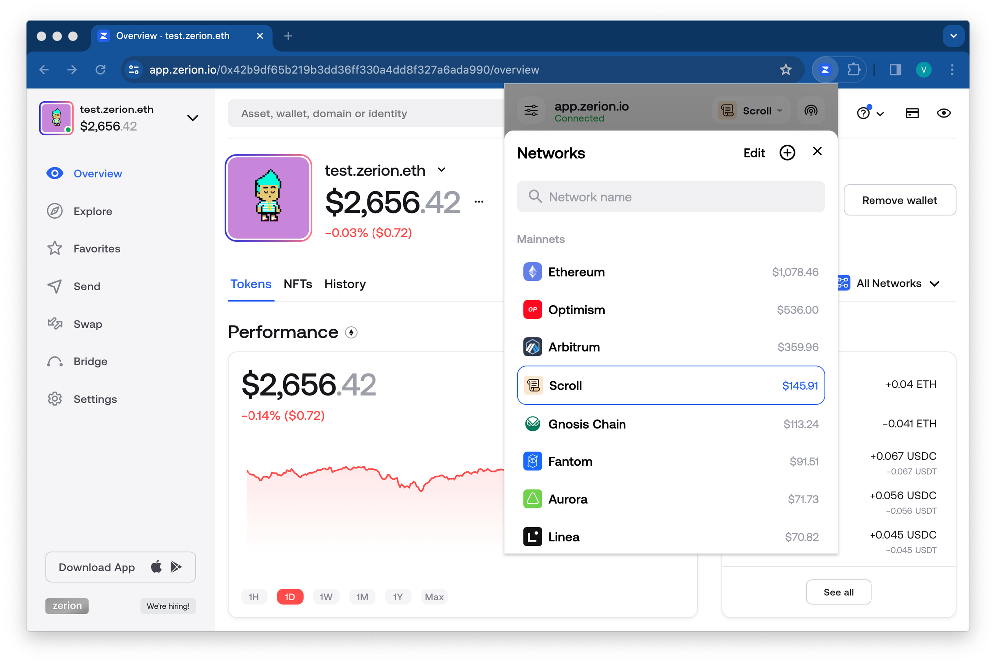 The Scroll network automatically shows up after you bridge
