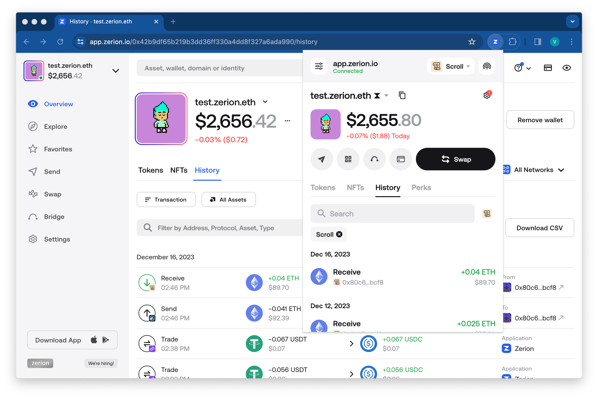 Scroll transaction history in Zerion