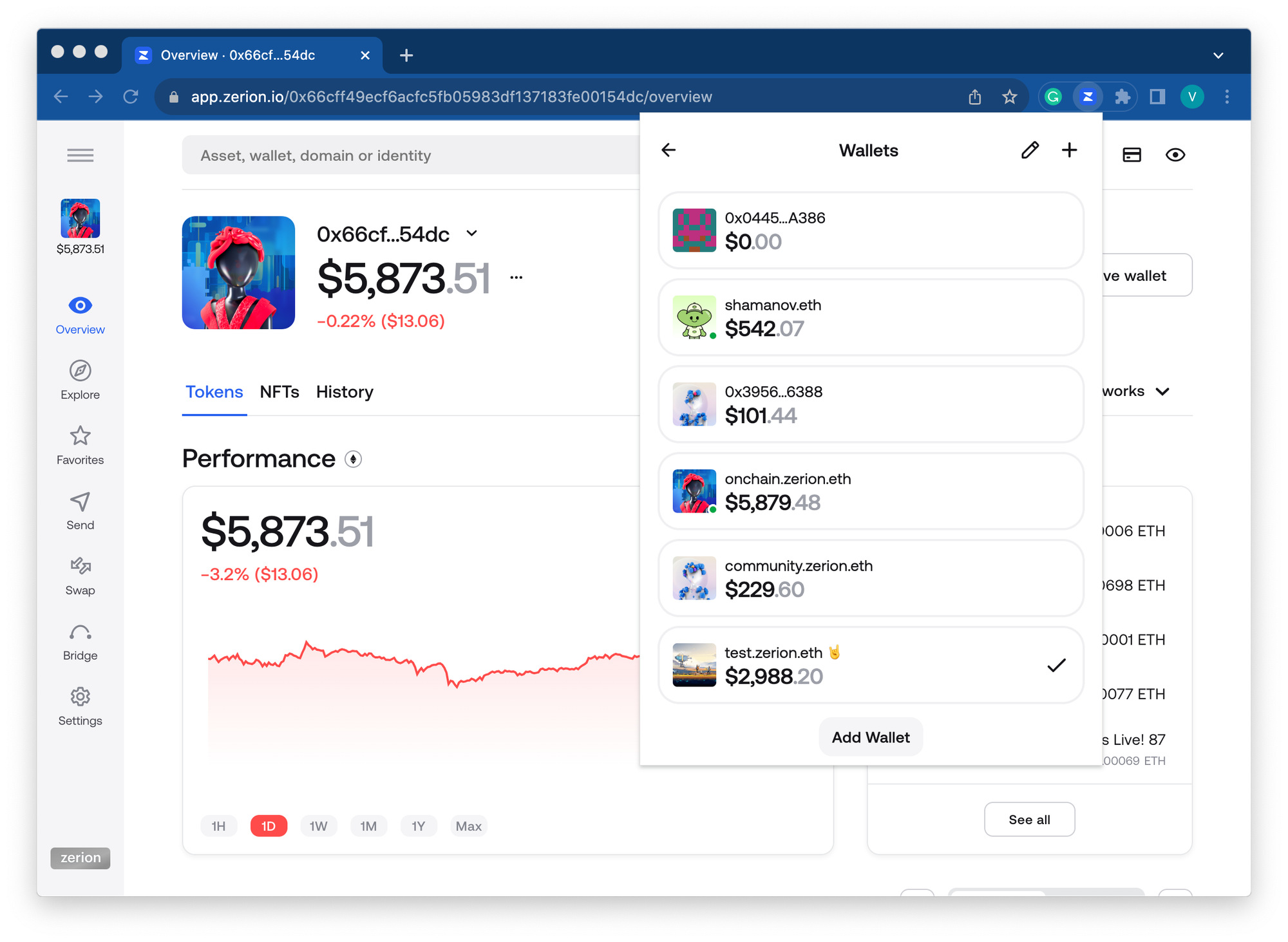 Screenshot of using different addresses in Zerion Wallet browser extesnion