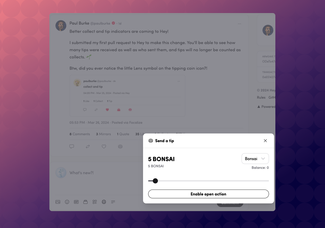 Example of Open Action on Lens for tipping other users