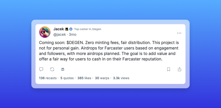 DEGEN announcement - Warpcast