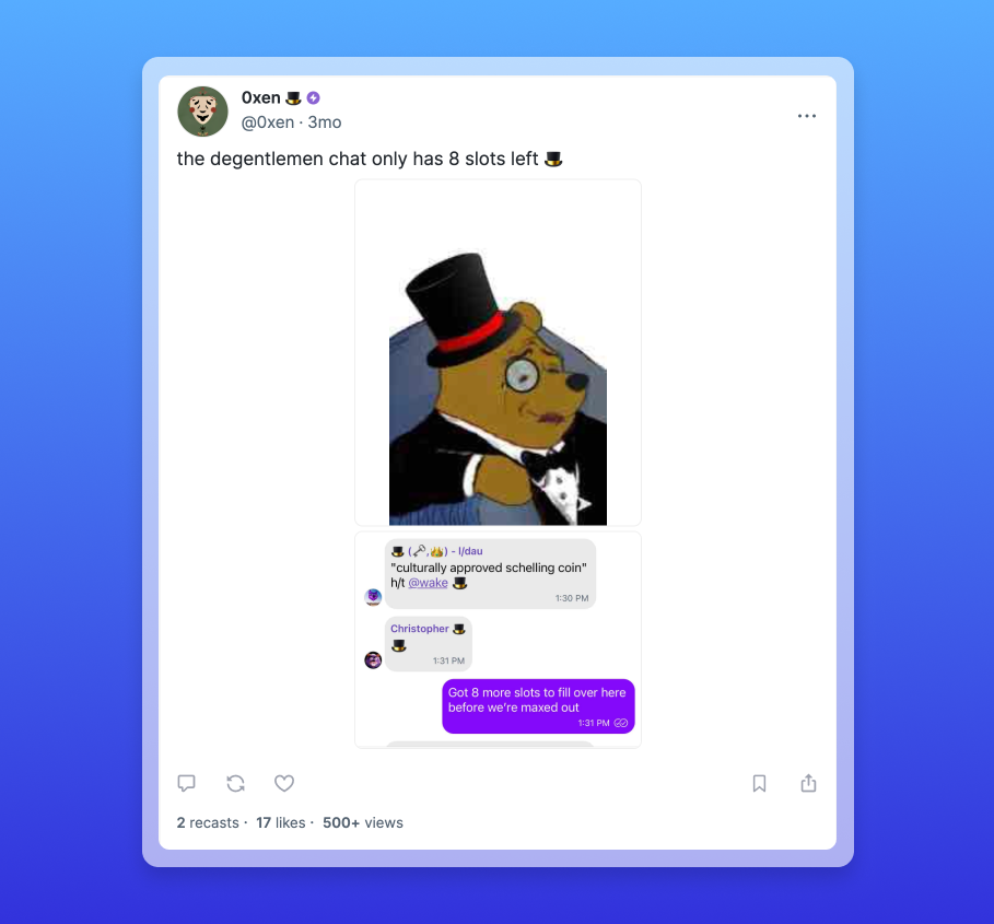 Warpcast screenshot - Degentlemen chat