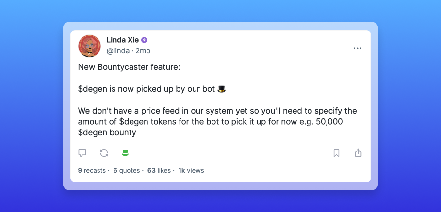 Warpcast screenshot - Bountycaster announcement of DEGEN support