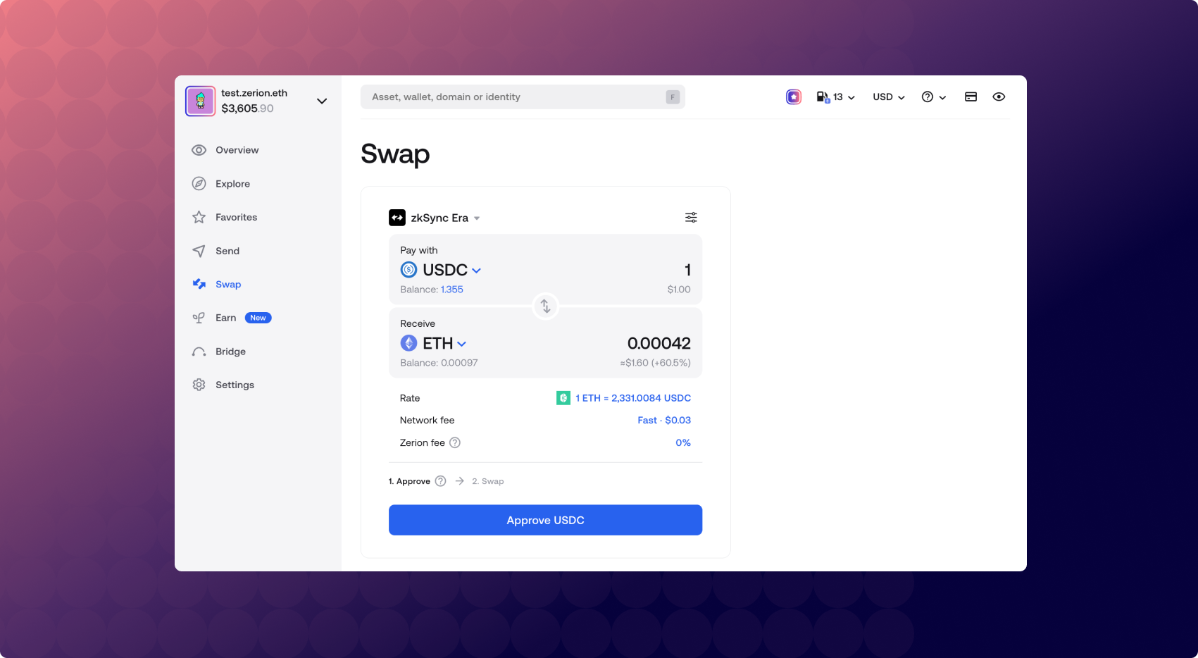 Swap with zkSync on Zerion