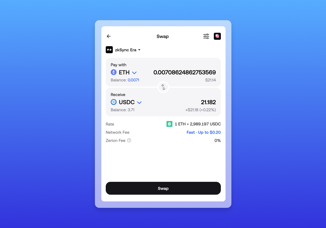 Swaps on zkSync with Zerion Wallet