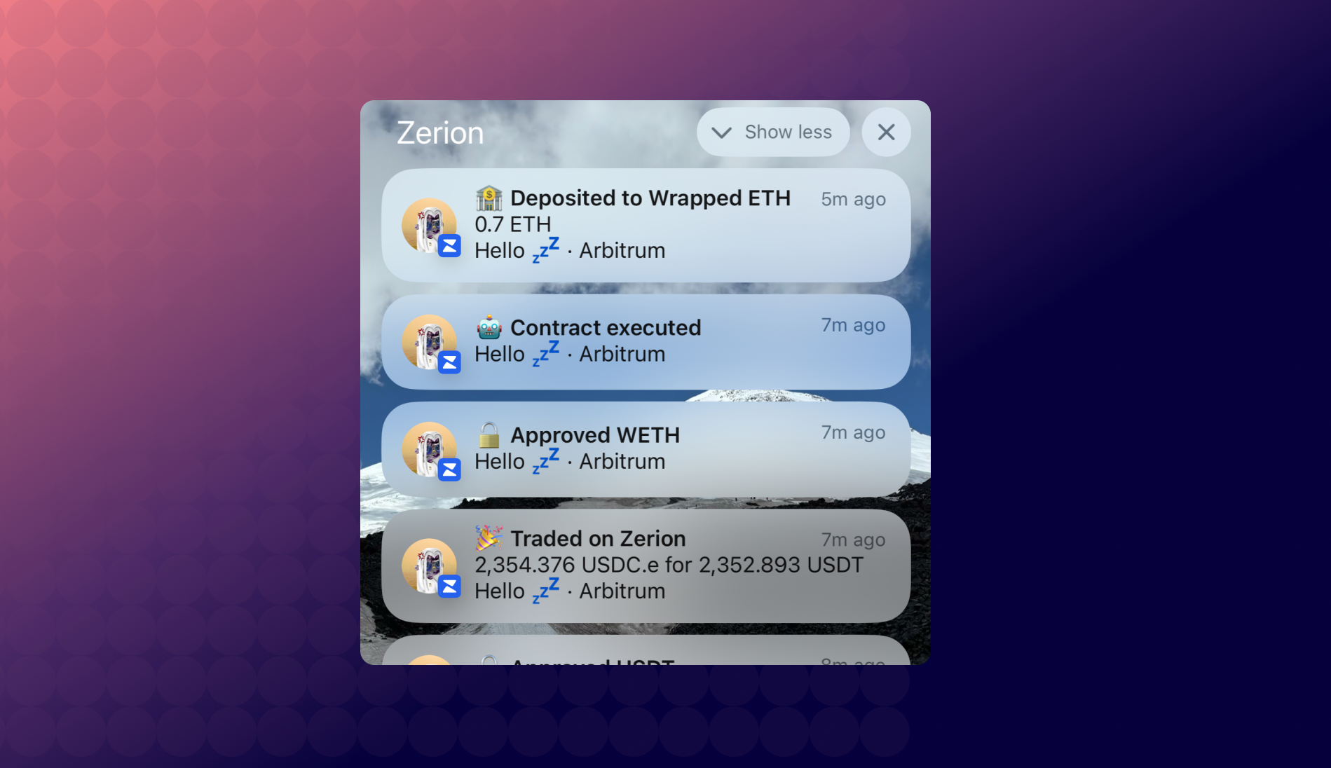 Screenshot of push notifications for transactions in Zerion