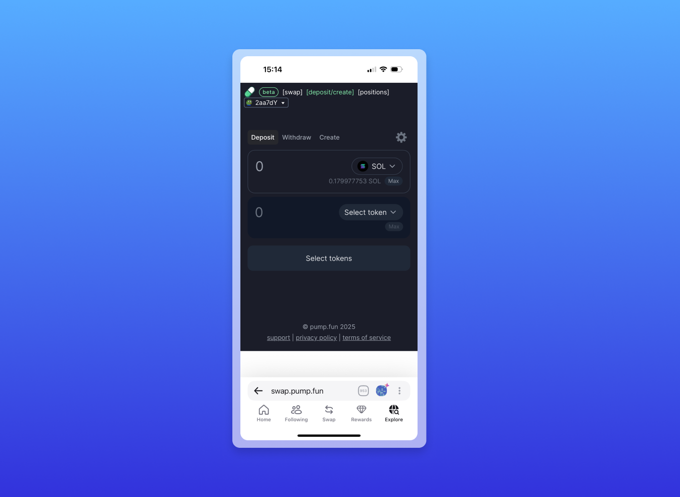 Adding tokens to a Pumpswap liquidity pool in Zerion's mobile browser