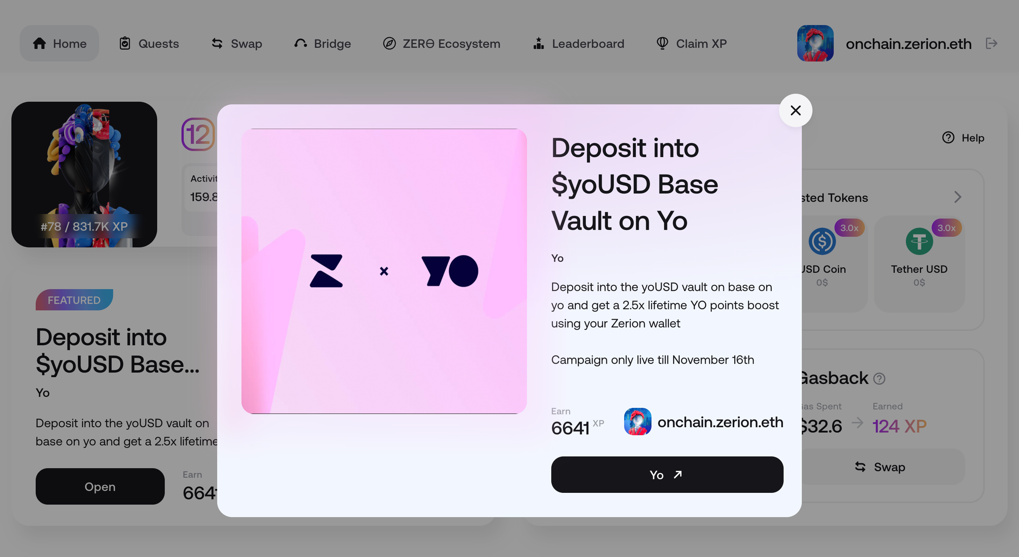 Deposit to YO with Zerion Rewards